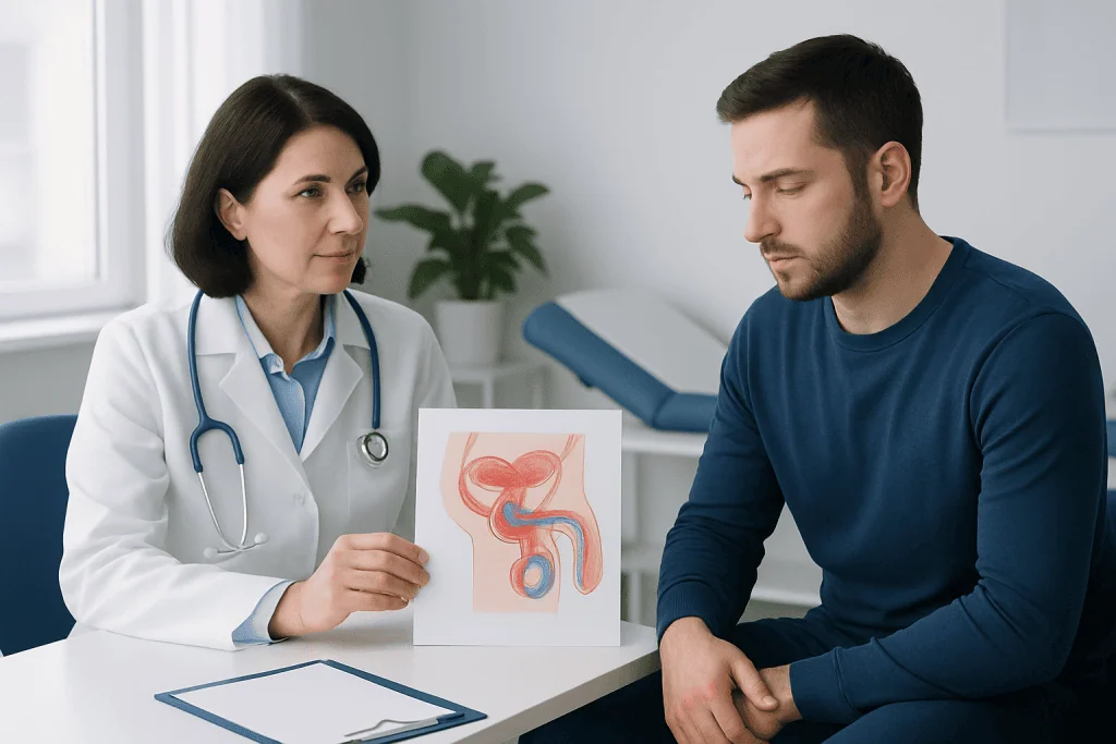Doctor explaining male patient about male reproductive system with diagram.