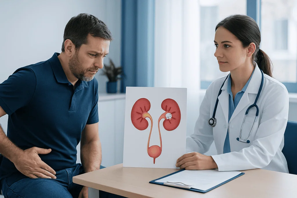 Doctor explaining kidney health to male patient with kidney diagram.