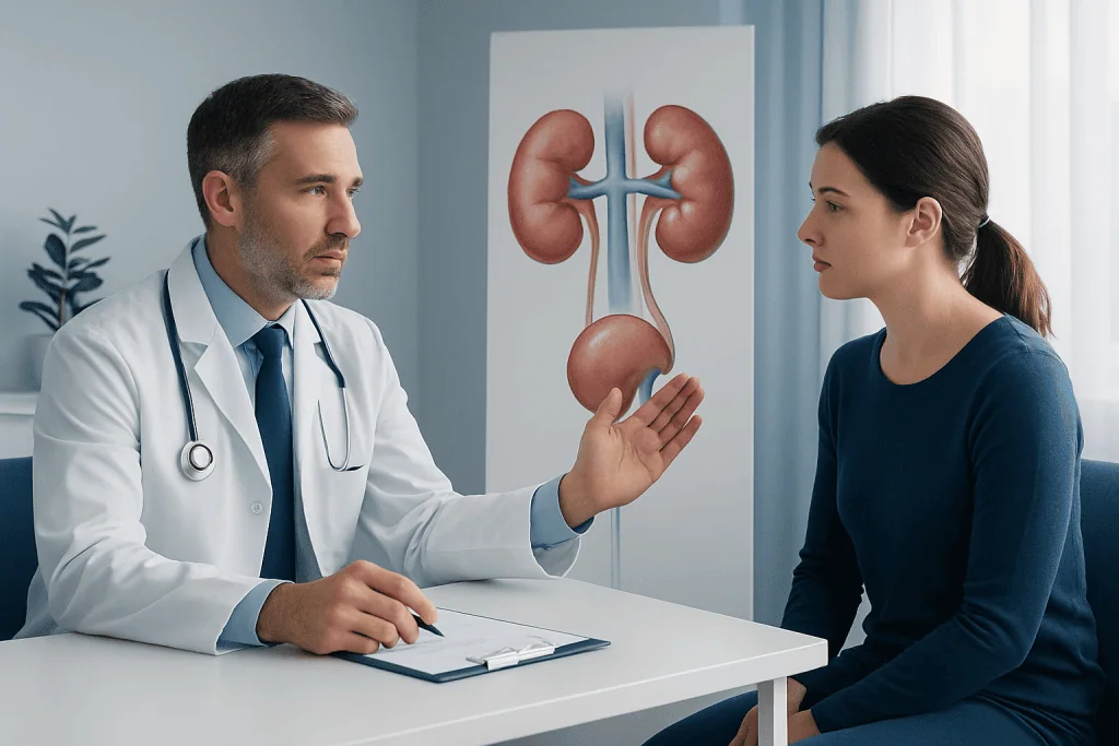 Doctor explaining kidney function to a patient in a medical consultation.