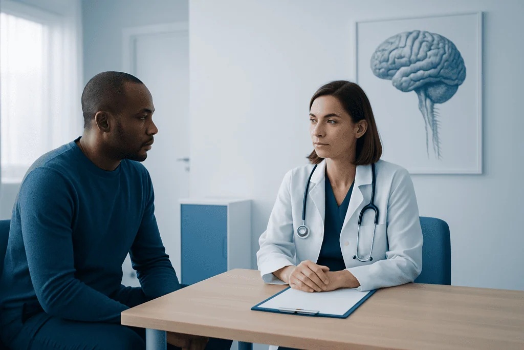Doctor consulting patient about neurological health in a clinic setting.