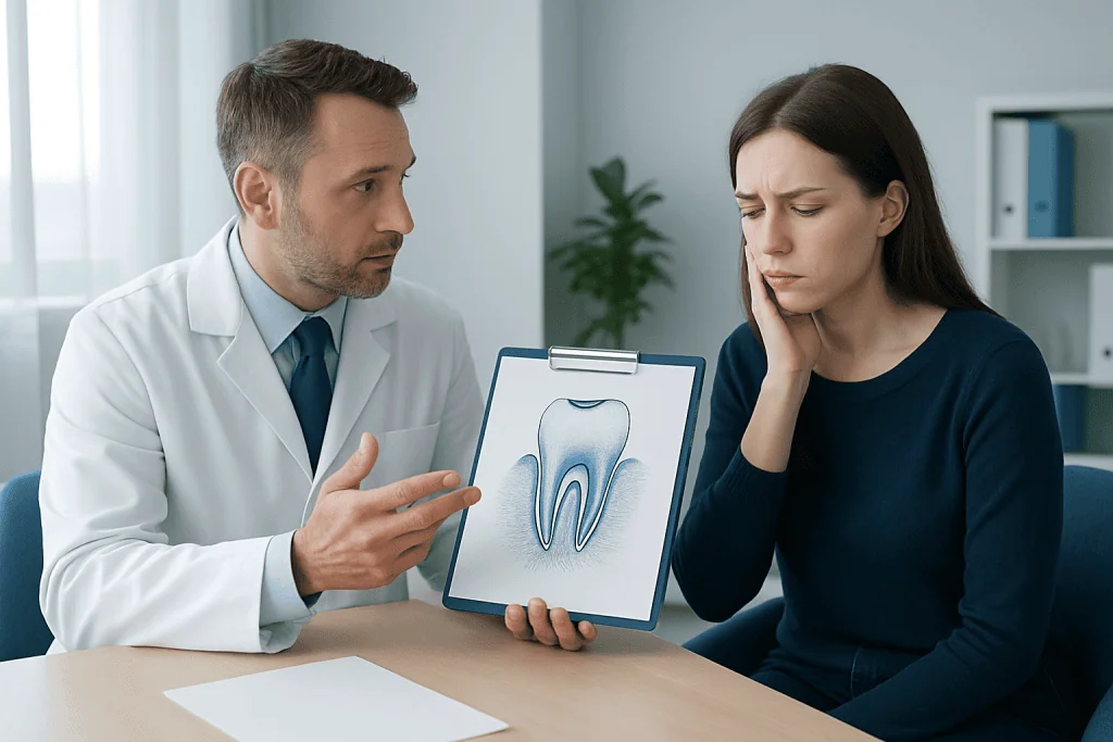 Dentist explaining tooth root issues to a patient with an X-ray image.