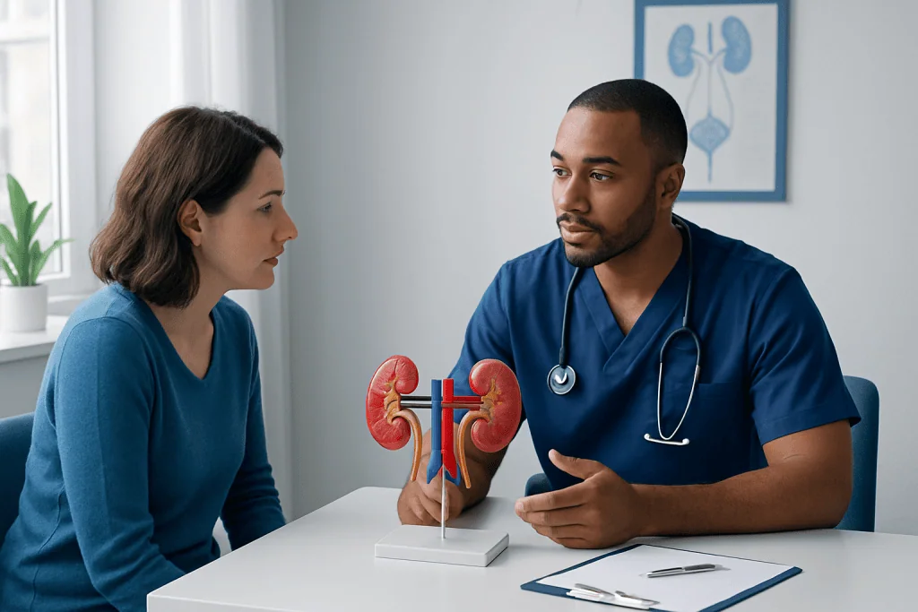 Doctor explaining kidney health to a patient with a kidney model.