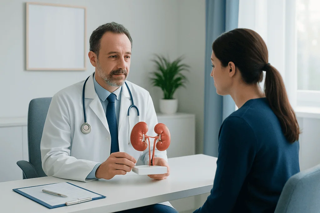Doctor explaining kidney health to a patient with a model of kidneys.