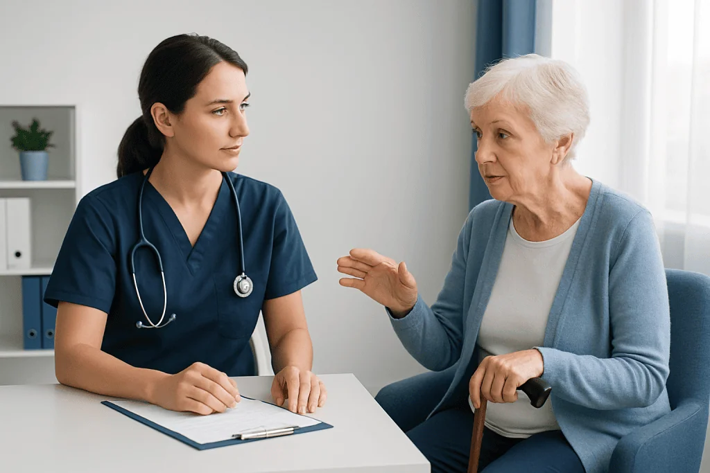 Nurse consulting with an elderly patient about fall prevention at home.