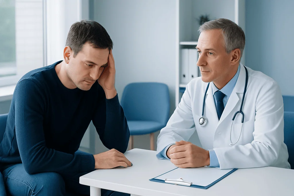 Doctor consulting with a young male patient in a medical office.