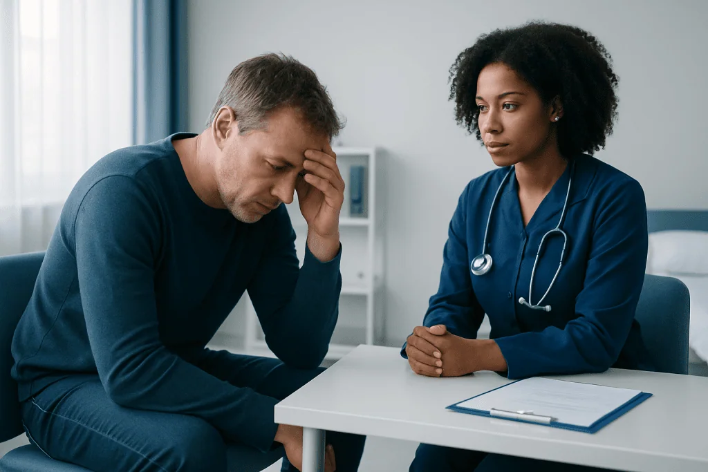 Patient experiencing distress during medical consultation with healthcare professional.