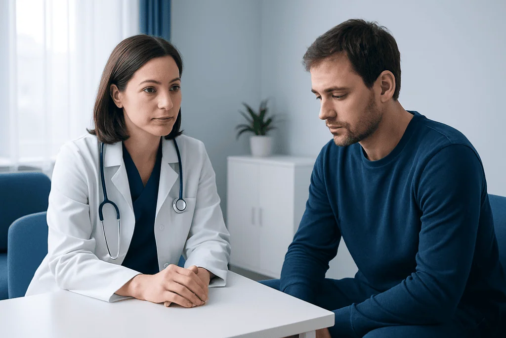 Doctor consulting with a male patient in a medical office.