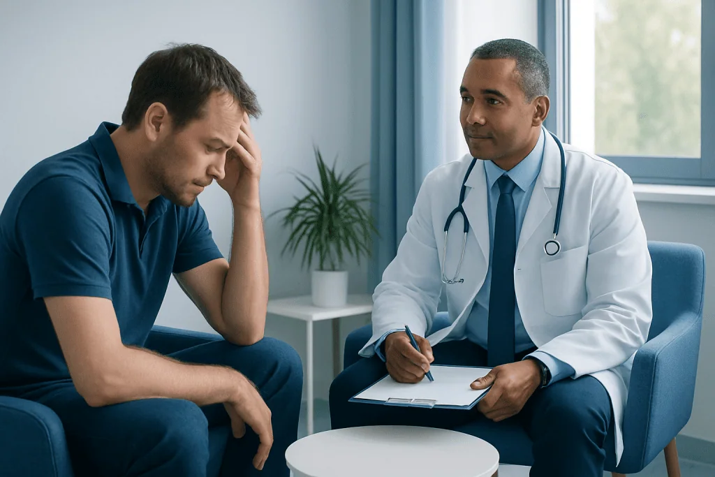 Patient consulting with doctor about health concerns in a medical office.