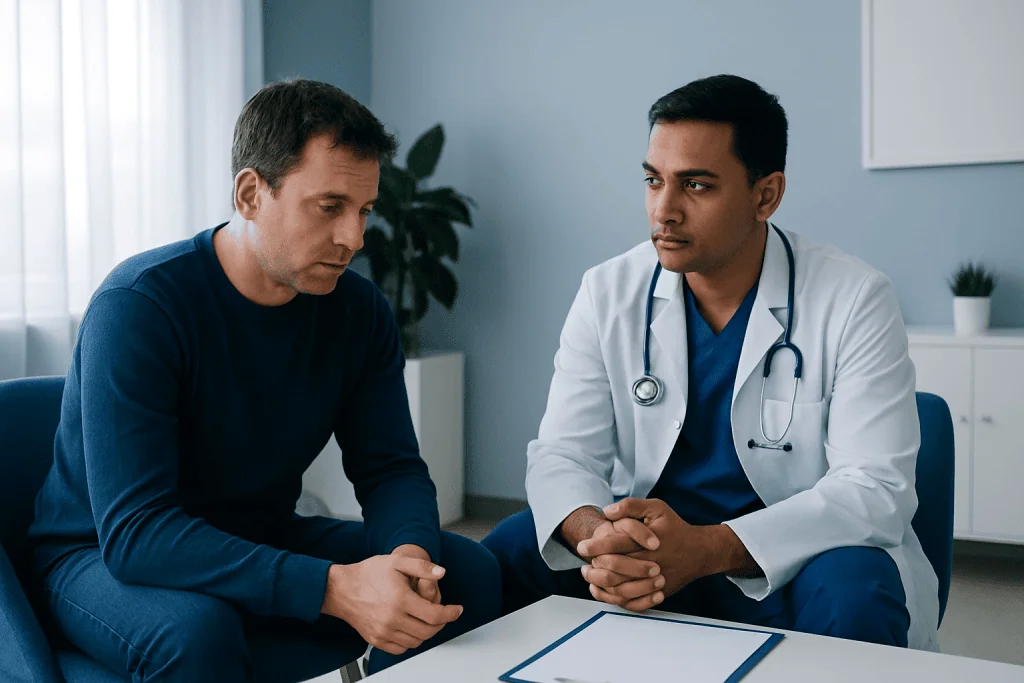 Doctor consulting with male patient in a medical office setting.