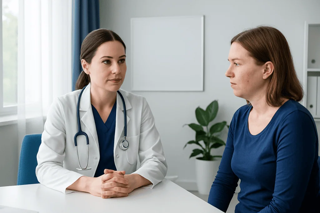 Doctor consulting with a patient about skin conditions in a clinic setting.