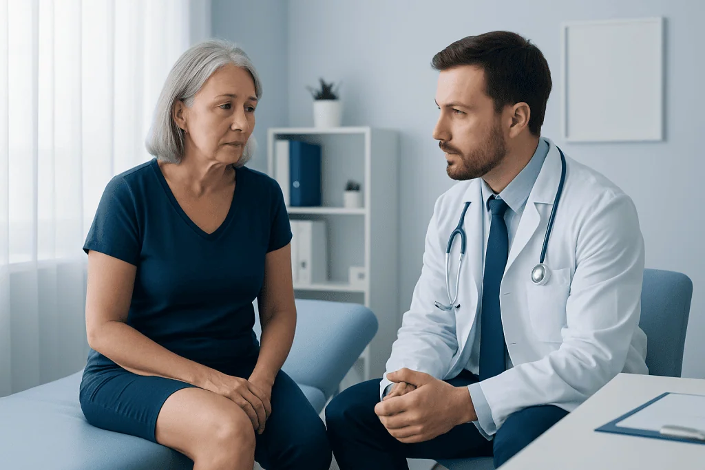 Doctor consulting with an elderly female patient in a medical office.