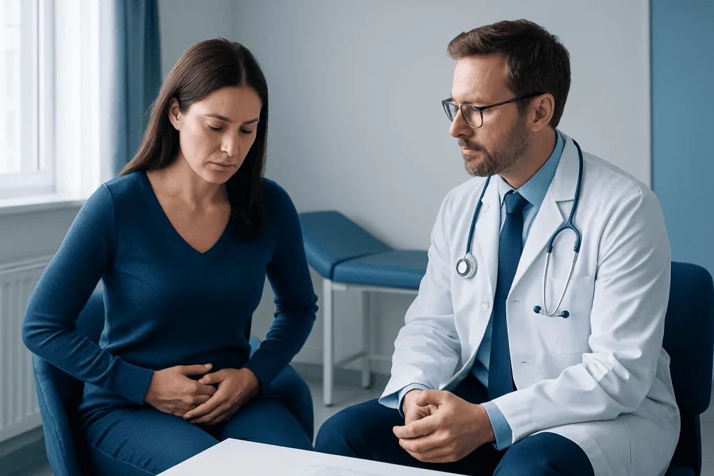 Doctor consulting with a woman patient about pelvic pain symptoms.