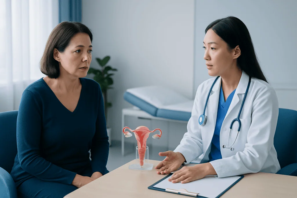 Doctor explaining uterine health to a patient with a model of the uterus.