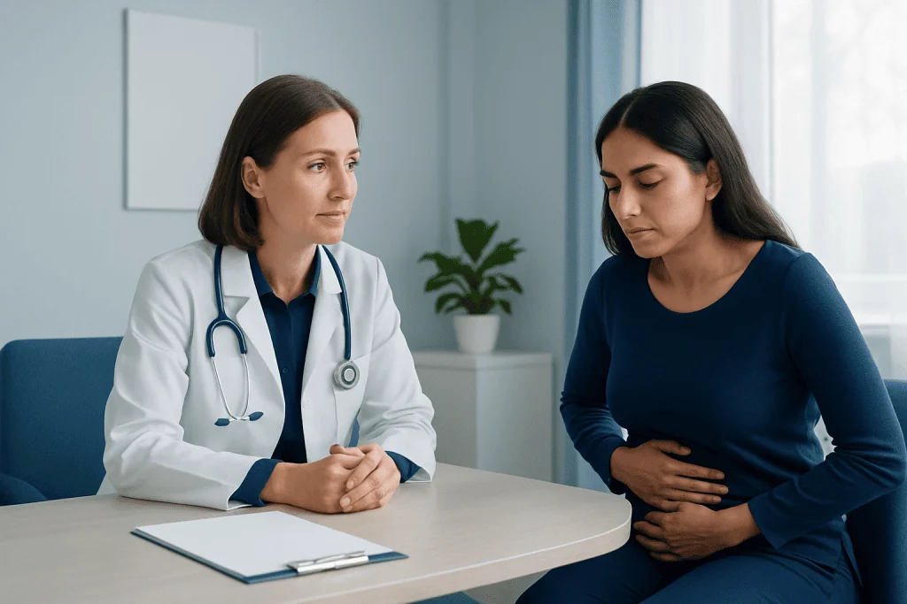 Doctor consulting a woman about heavy periods in a medical office.