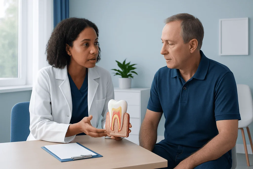 Dentist explaining gum health to patient with dental model in clinic.