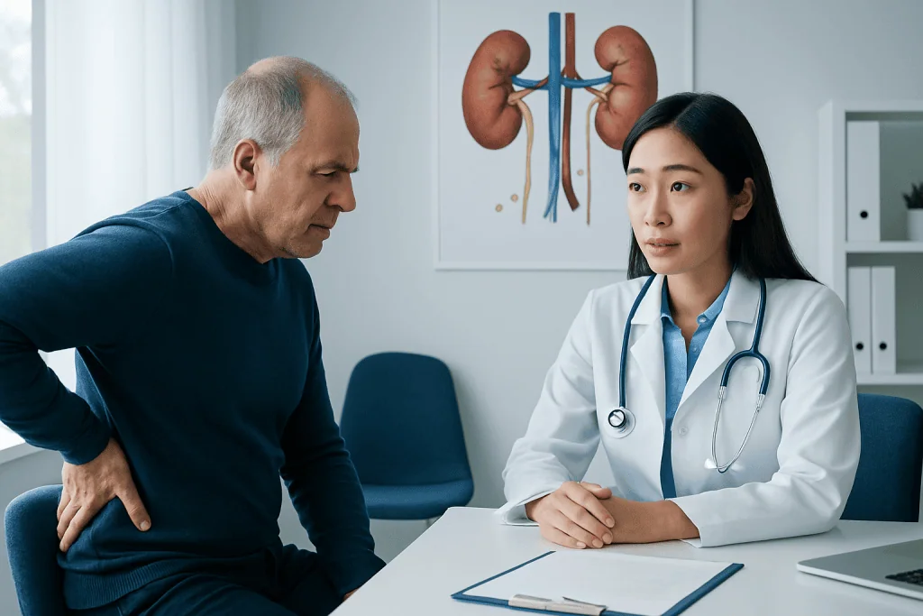 Doctor consulting with male patient about kidney health in clinic.