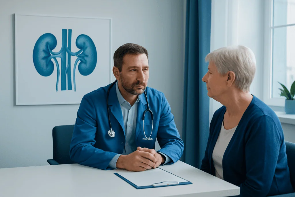 Doctor consulting with elderly patient about kidney health in clinic.