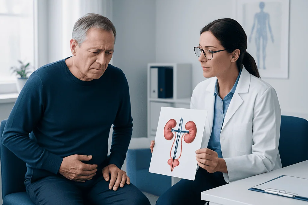 Doctor explaining kidney anatomy to patient in a medical consultation.