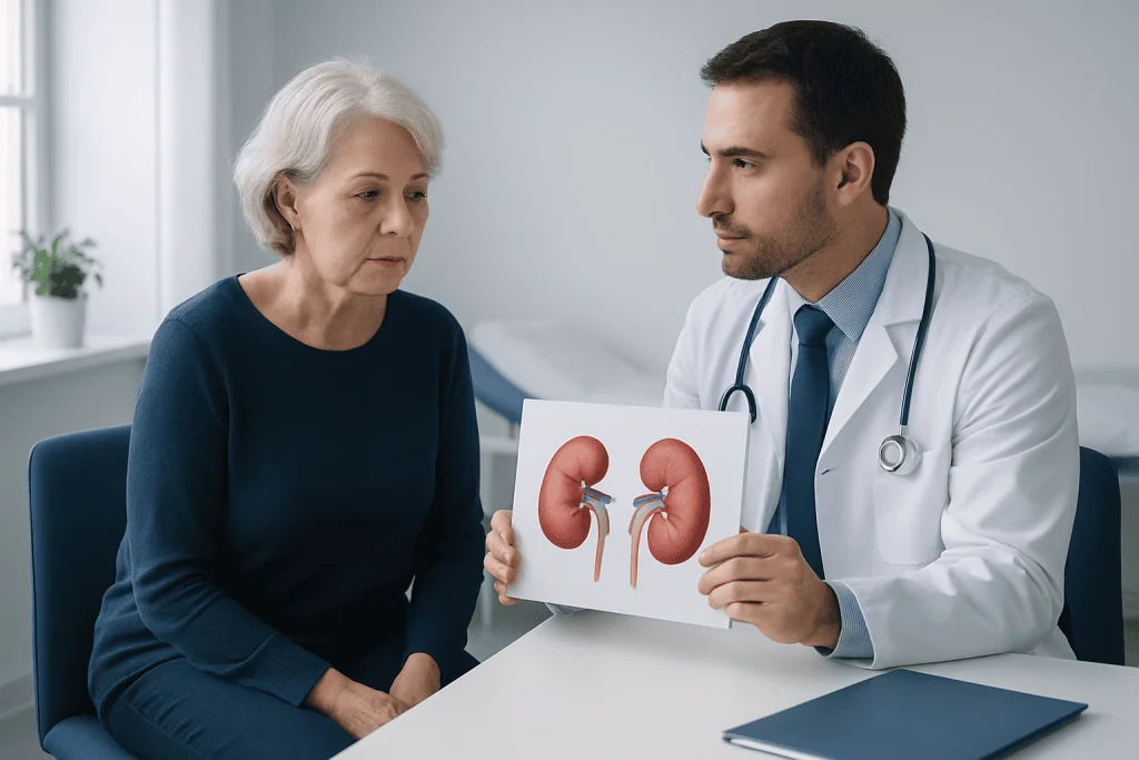 Doctor explaining kidney health to an elderly woman with kidney diagram.