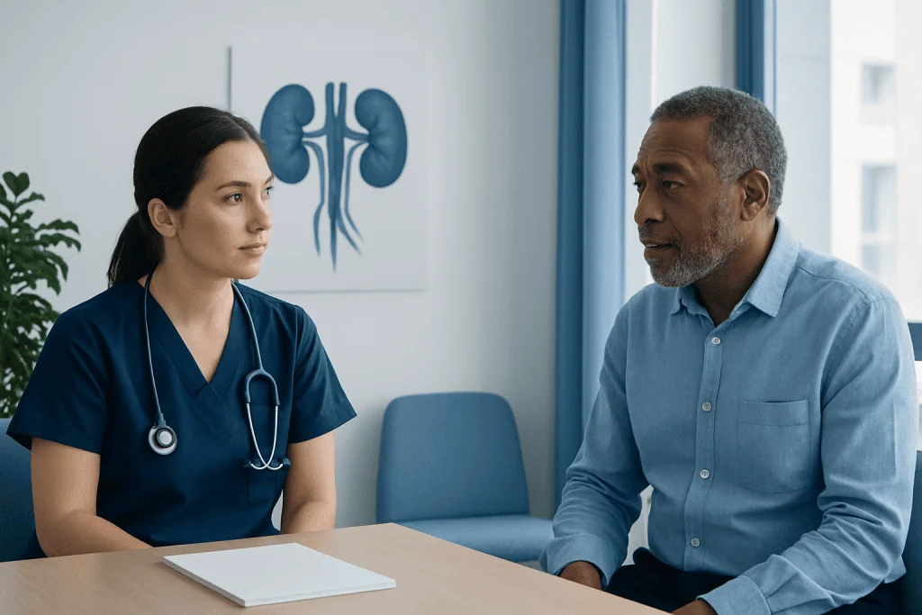 Doctor consulting with a patient in a medical office with kidney diagram in background.