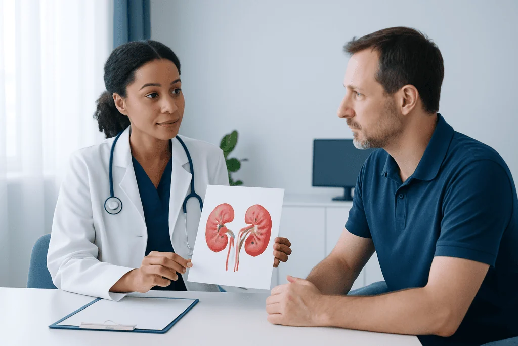 Doctor explaining kidney health to a patient with kidney diagram.