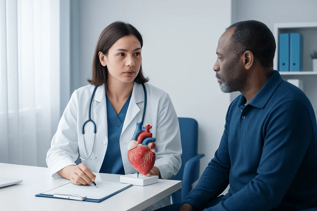 Doctor explaining heart health to patient in a consultation room.