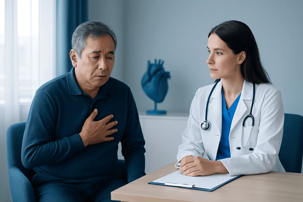 Doctor consulting with a male patient about heart health symptoms.