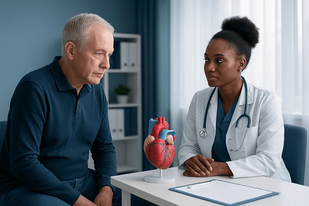 Doctor explaining heart health to an elderly patient in a clinic setting.