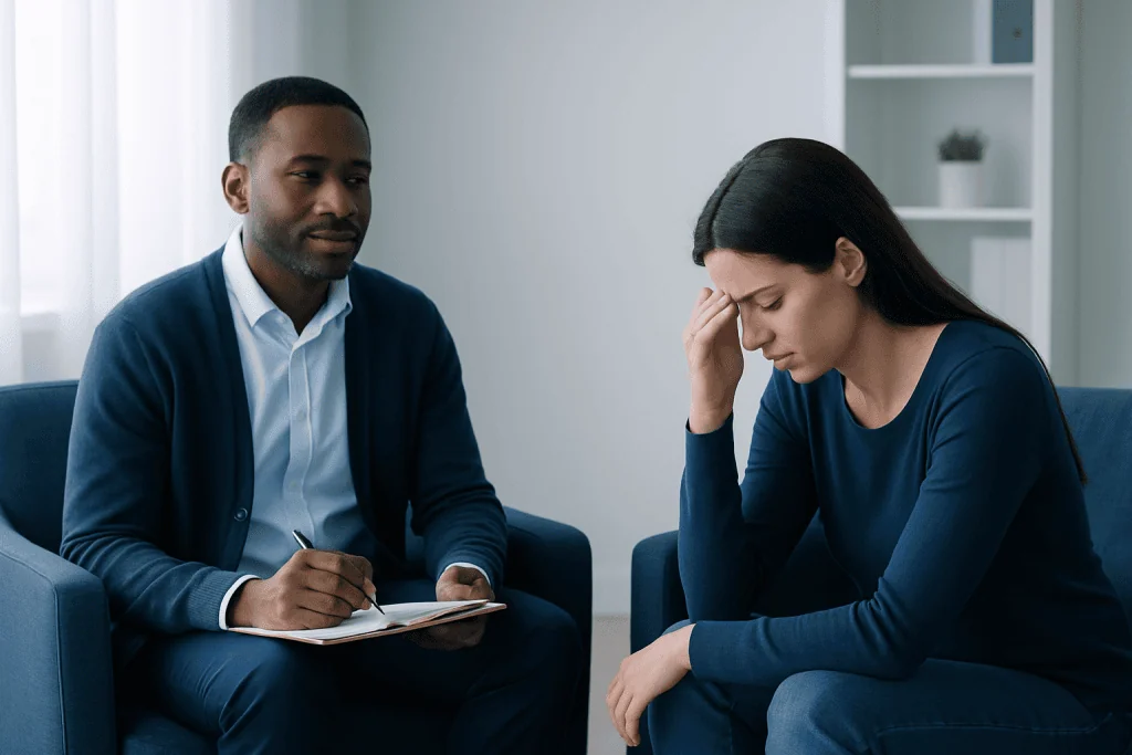 Therapist listening to a woman with mental health concerns in a counseling session.