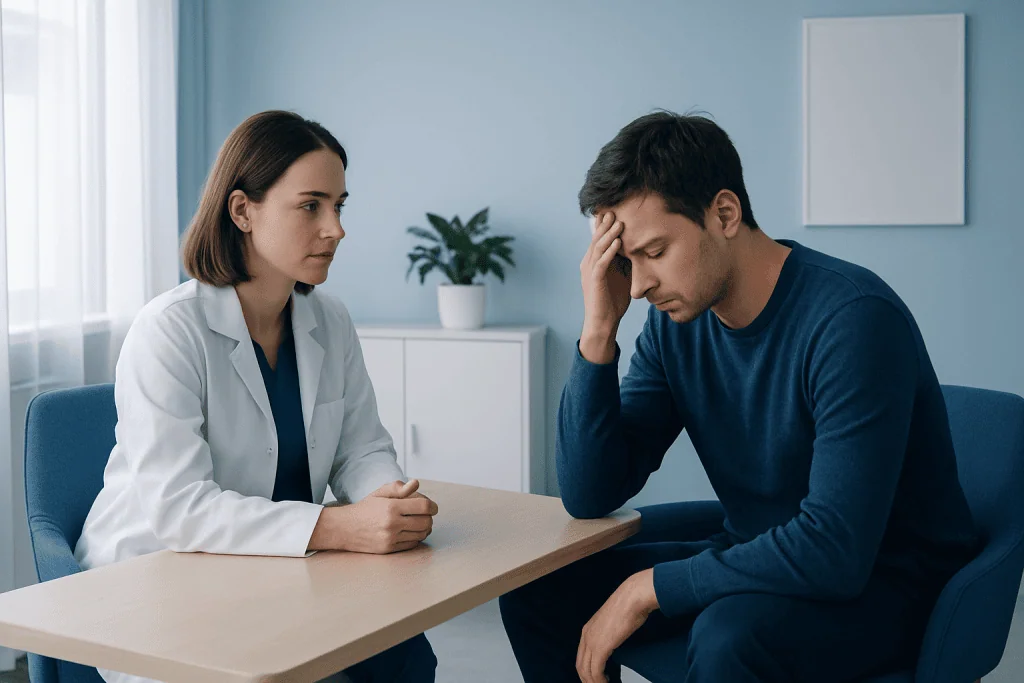 Young man distressed during mental health consultation with doctor.