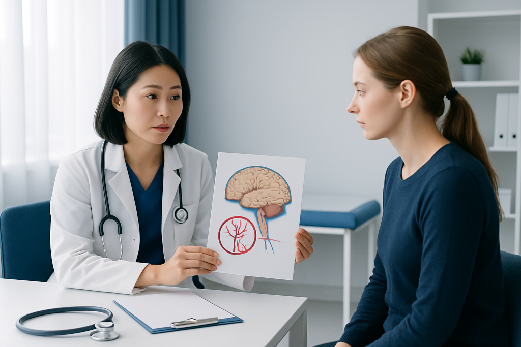 Doctor explaining brain diagram to patient in consultation room.