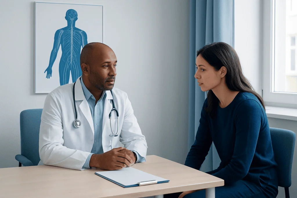 Doctor consulting with patient in a medical office with nervous system diagram.