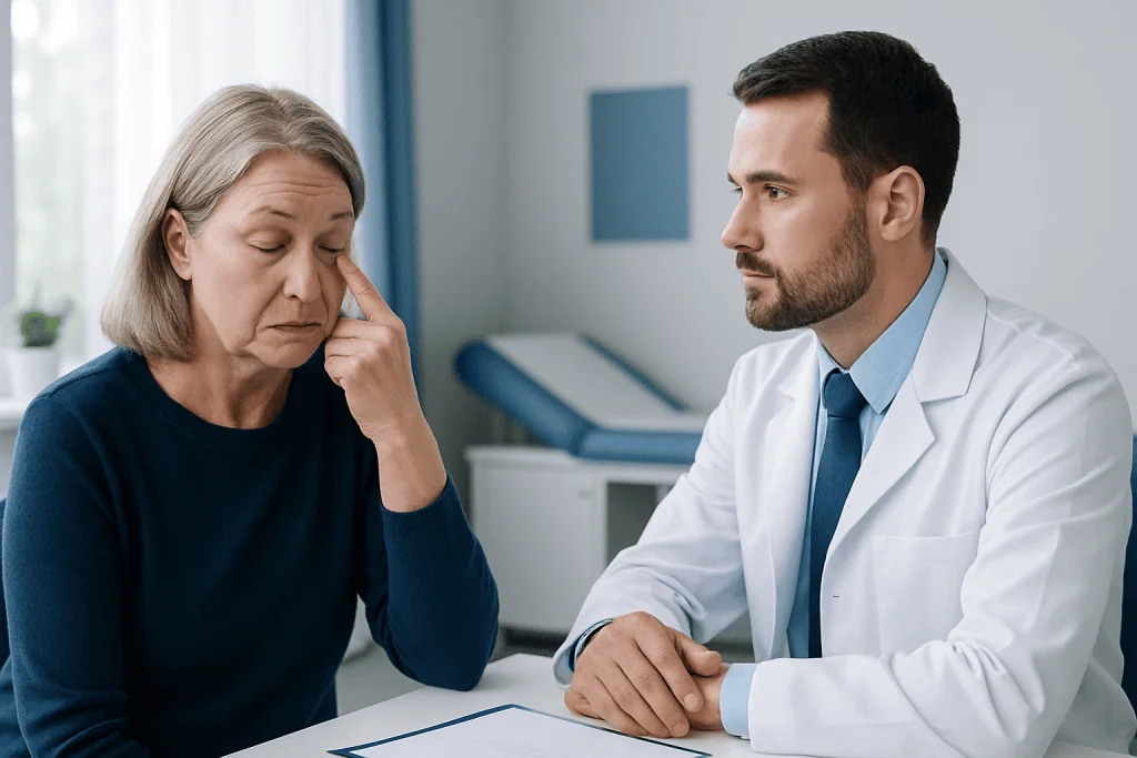 Ophthalmologist consulting with an elderly woman about eye health.