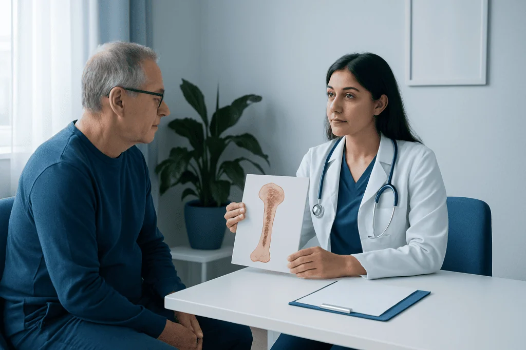Doctor explaining bone marrow diagram to patient in consultation room.