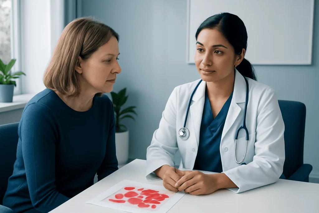 Doctor explaining blood disorder to patient in a clinical setting.