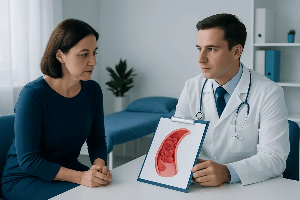 Doctor explaining blood clotting disorders to a patient with a visual aid.
