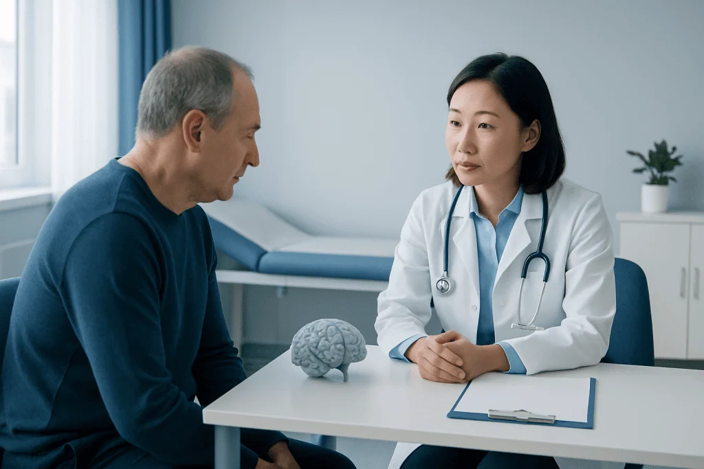 Doctor discussing brain health with an elderly patient in a clinic.