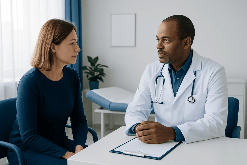 Doctor consulting with a female patient in a medical office.