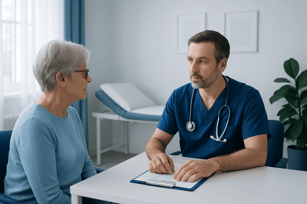 Doctor consulting with elderly patient in a medical office.