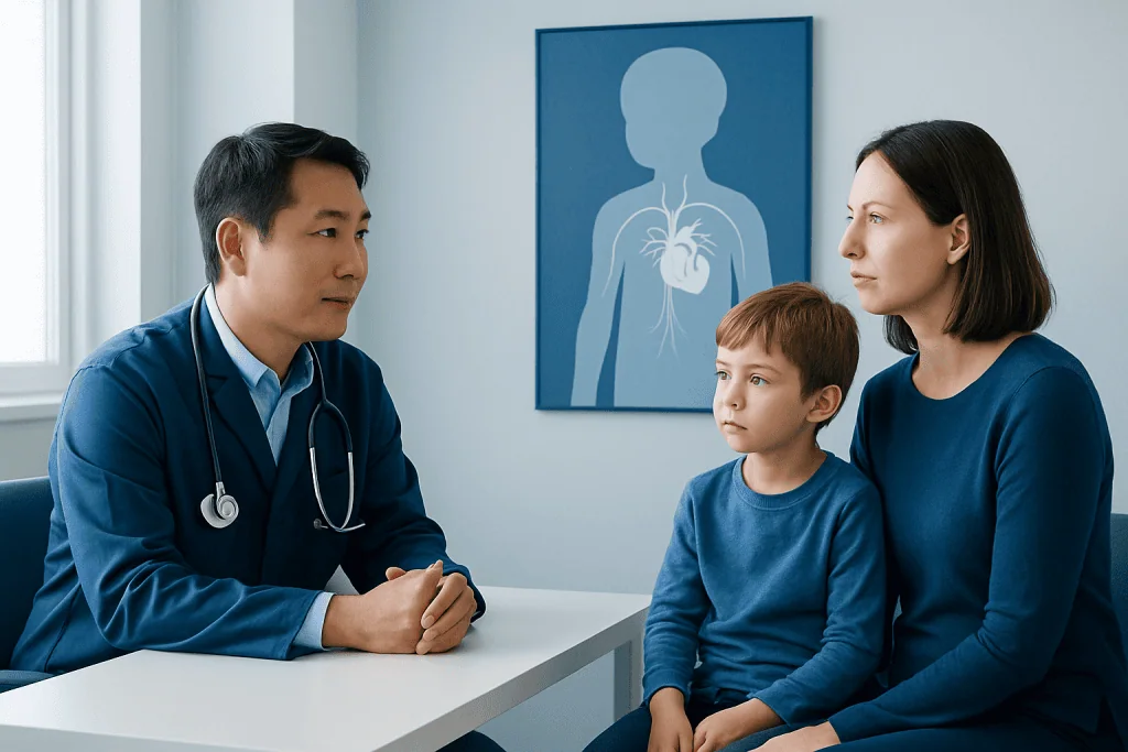 Pediatric cardiologist consulting with a mother and son about heart health.