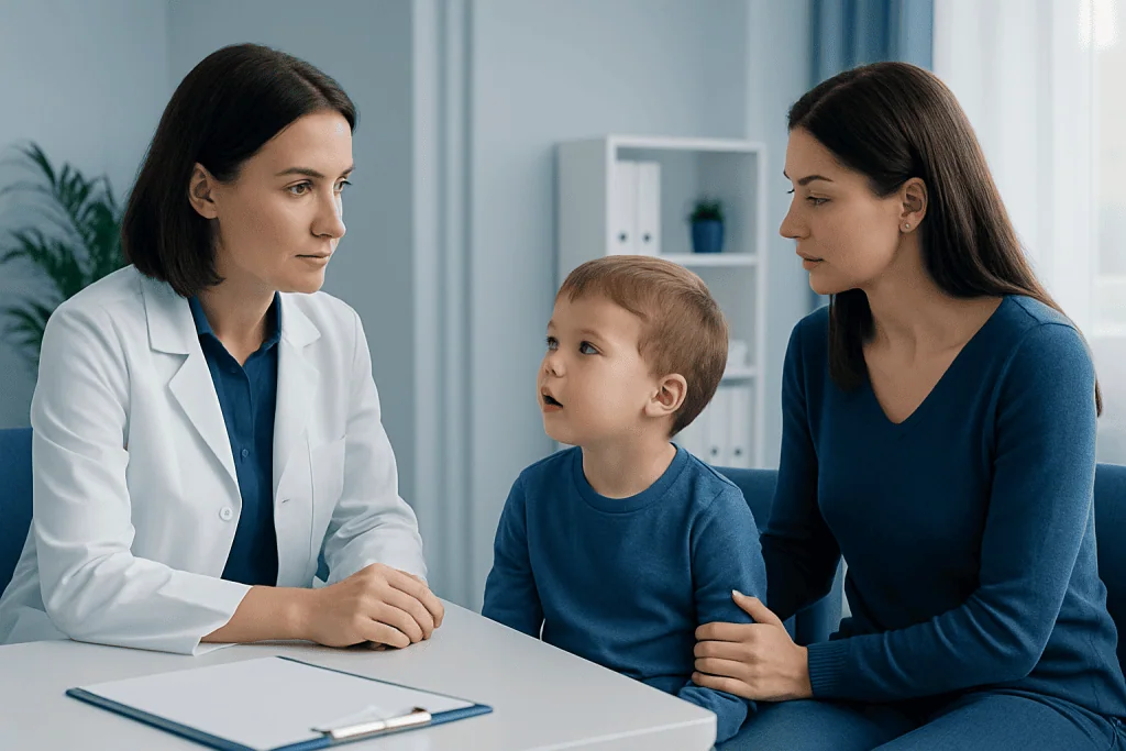 Pediatric consultation for speech delay with doctor, mother, and child in clinic.