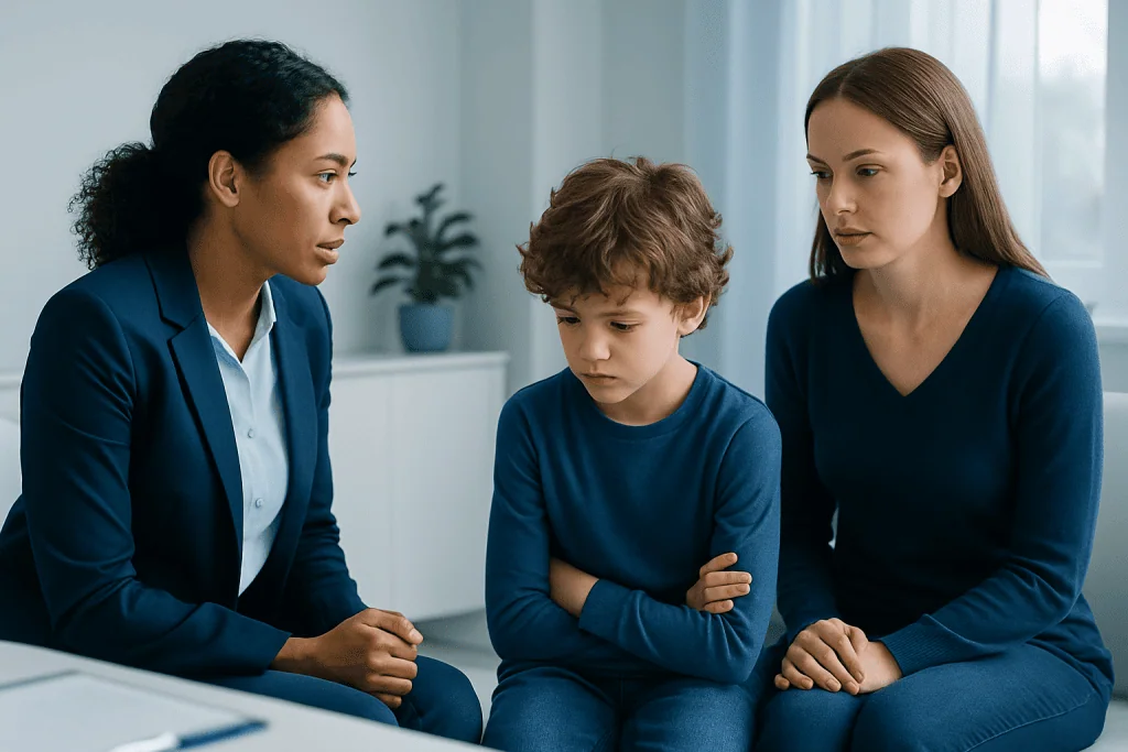 Child discussing anxiety with two female healthcare professionals in a consultation room.