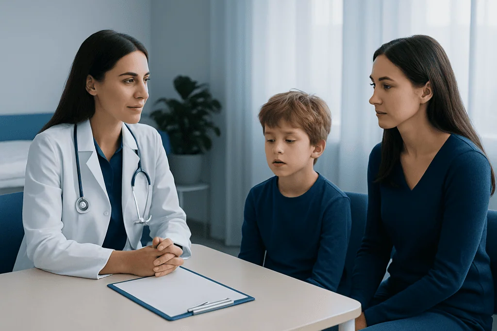 Doctor consulting with a mother and child in a medical office.