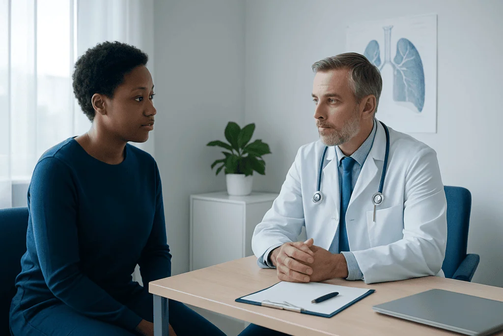 Doctor consulting with a patient in a medical office with lung diagram on the wall.