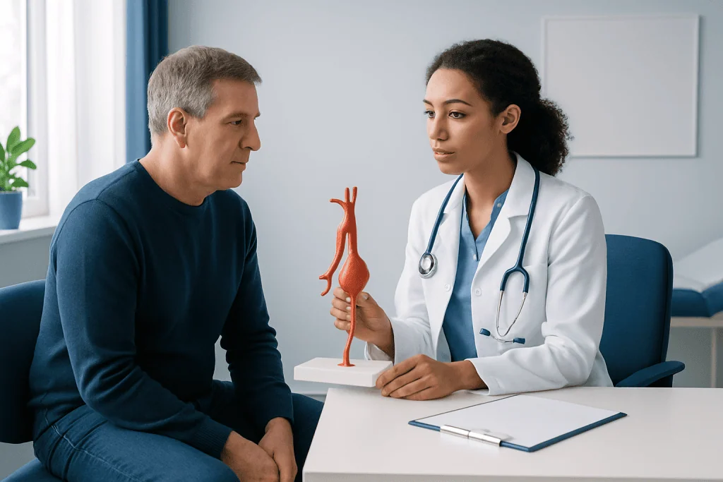 Doctor explaining aortic aneurysm to a patient with a model of the aorta.