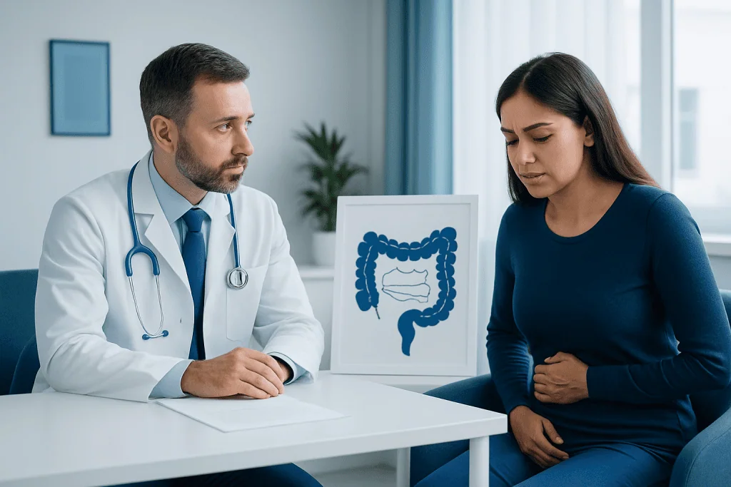 Doctor consulting with patient about colon health and ulcerative colitis.