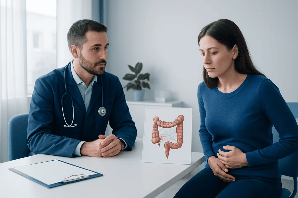Doctor consulting with patient about colon health and treatment options.