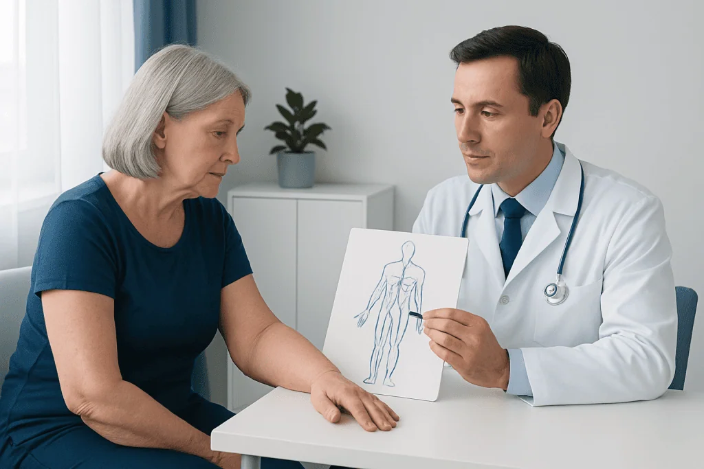 Doctor explaining lymphedema to an elderly woman with diagram.