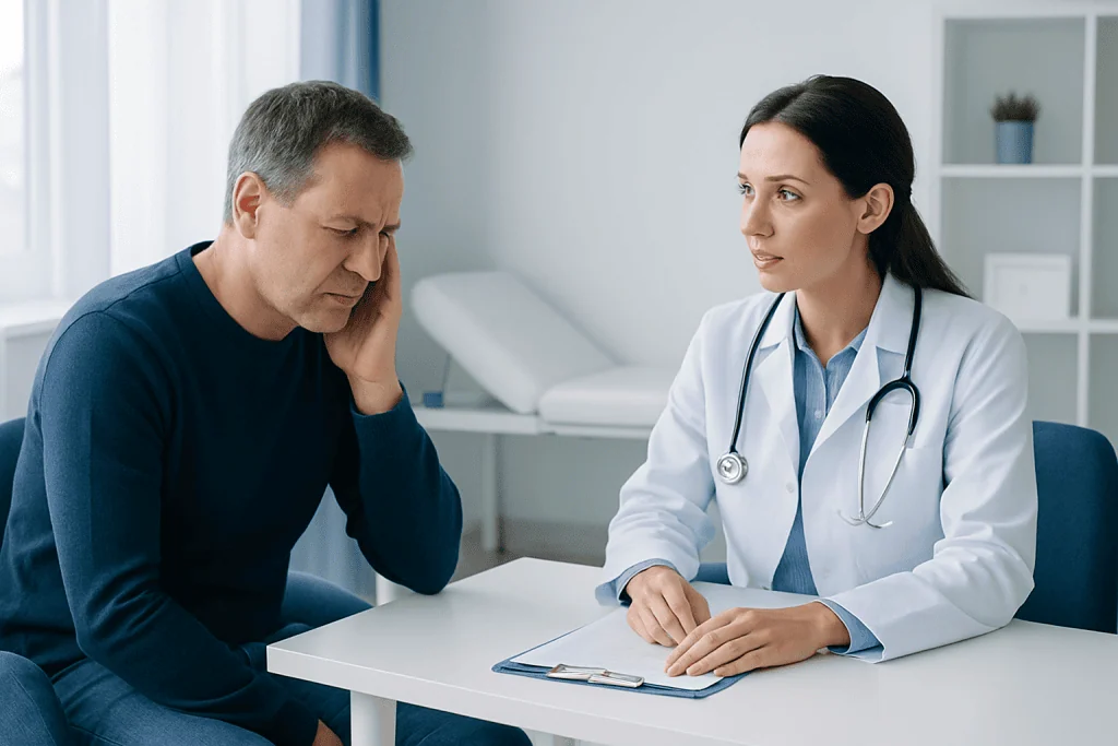 Doctor consulting with a patient experiencing vertigo symptoms in a clinic.