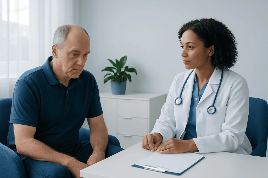 Doctor consulting with an elderly male patient in a medical office.
